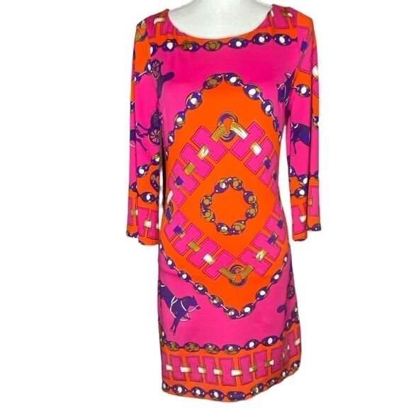 JB Julie Brown Merrie Wm’s Sz Sm Multi Color Bell Sleeves Horse Print Dress - Picture 1 of 5